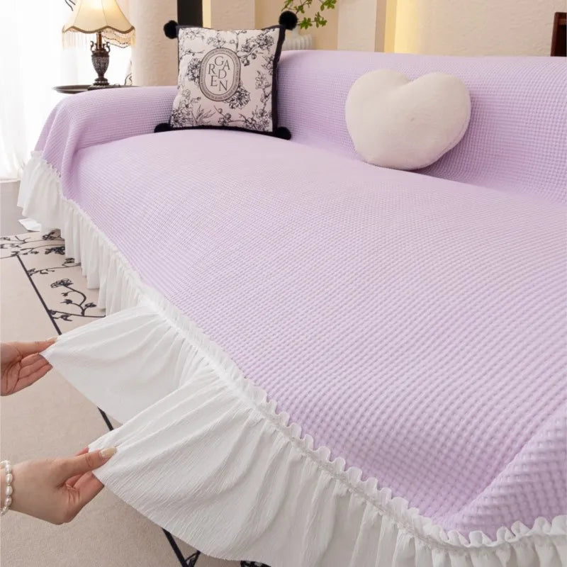 2024 French Country Sofa Cover Patchwork Stretchable Couch Protector Vintage Solid Color Cool Decor Throw Blanket Pleated lace